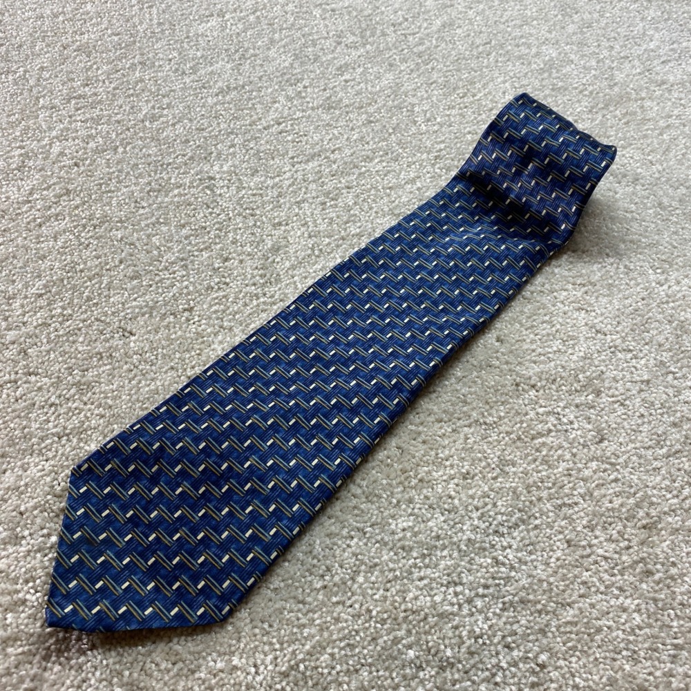 Van Heusen Necktie Mens OS Blue Gold Basketweave Geometric Silk Blend Italy